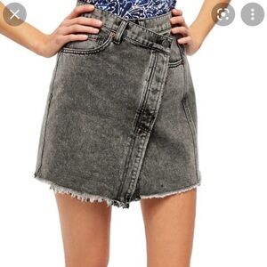 Free People We The Free Parker Wrap Mini Skirt Raw Hem Denim Black Washed